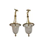 A PAIR OF GLASS AND BRASS HANGING LIGHTS, 20TH CENTURY