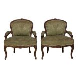 A PAIR OF FRENCH LOUIS XV STYLE OAK FAUTEUIL ARMCHAIRS
