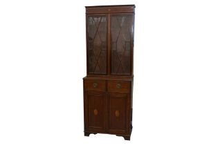 A LATE 19TH CENTURY AND LATER SHERATON REVIVAL MAHOGANY AND INLAID BOOKCASE