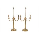 A PAIR OF BRASS TWO LIGHT LAMPS, CONTEMPORARY