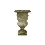 A RECONSTITUTED STONE CAMPANA FORM GARDEN PLANTER