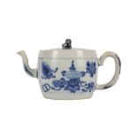 A CHINESE BLUE AND WHITE BARREL-SHAPED TEAPOT AND COVER.