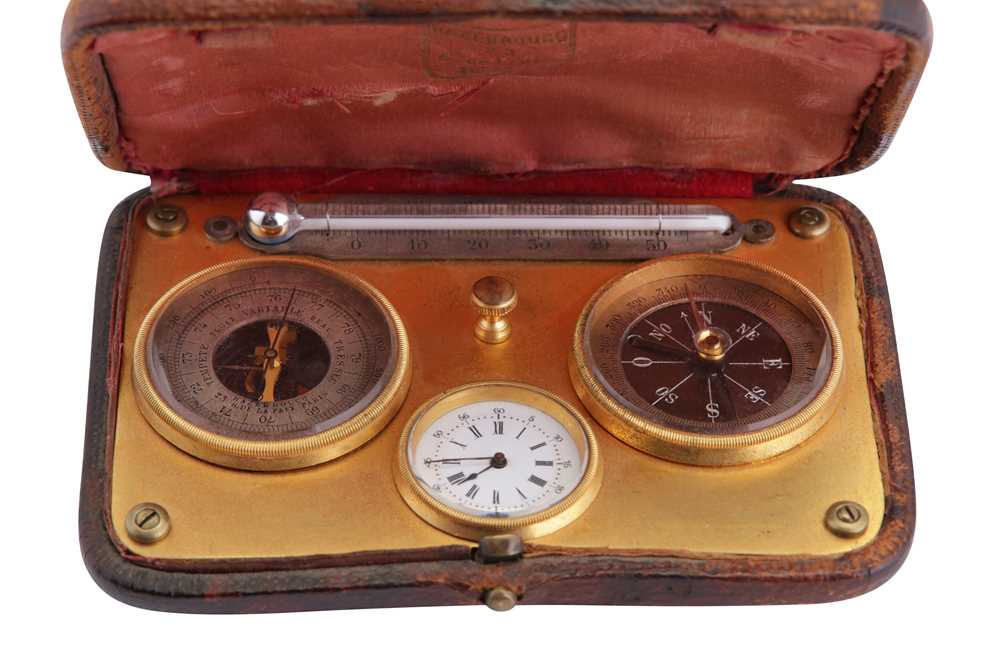 A VICTORIAN SET WITH A BAROMETER, THERMOMETER, COMPASS AND A WATCH. FROM PARIS.