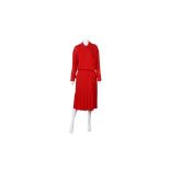 Chanel Red Silk Pleat Front Long Sleeve Dress