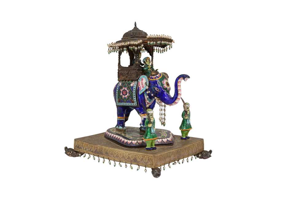 AN INDIAN POLYCHROME-ENAMELLED ELEPHANT HOWDAH FIGURINE Possibly Benares, Northern India, 20th centu