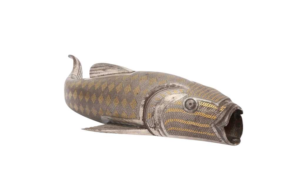 A DECORATIVE SILVER AND GOLD-INLAID (KOFTGARI) STEEL CARP Possibly Mayo School of Arts (modern-day N