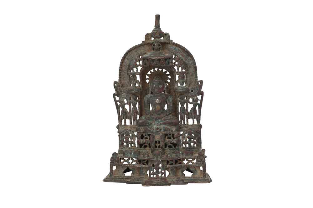 A SILVER AND BRASS-INLAID BRONZE JAIN ALTAR PIECE Possibly Gujarat, North-West India, 15th - 16th ce