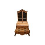 A DUTCH MARQUETRY INLAID BUREAU BOOKCASE OF BOMBE FORM, LATE 18TH TO EARLY 19TH CENTURY