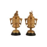 A PAIR OF LOUIS XVI STYLE GILT BRONZE LIDDED VASES, 20TH CENTURY