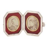 SILVER GUILLOCHE ENAMEL DIPTYCH FRAME WITH PHOTOGRAPHS OF PRINCE HARRY OF BATTENBERG AND PRINCESS BE