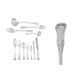 An assembled George III to George IV sterling silver table service of flatware / canteen, London cir