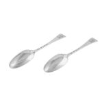 A pair of George I sterling silver tablespoons, London 1725 by Phillip Roker II (reg. 17th Aug 1720)