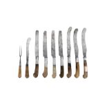 A set of seven late 17th / early 18th century unmarked silver collared agate handled knives, probabl