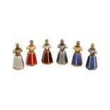 A set of six mid-20th century Norwegian novelty guilloche enamel and silver gilt pepper pots, Oslo b