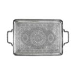 A large mid-20th century Persian (Iranian) silver twin handled footed tea tray, Isfahan 1969-79 mark