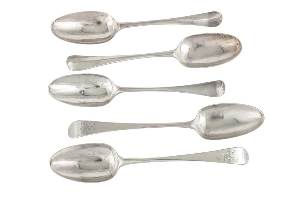 A PAIR OF GEORGE III PROVINCIAL STERLING SILVER TABLESPOONS, EXETER 1781 BY THOMAS EUSTACE