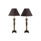 A PAIR OF BLACK GILT BRASS TABLE LAMPS, CONTEMPORARY