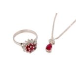 A RUBY AND DIAMOND PENDANT AND RING SUITE