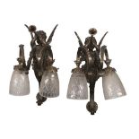 A PAIR OF HEAVY BRONZE PATINATED FIGURAL TWIN BRANCH WALL LIGHTS