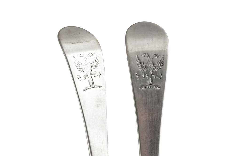 A PAIR OF GEORGE III PROVINCIAL STERLING SILVER TABLESPOONS, EXETER 1781 BY THOMAS EUSTACE - Image 2 of 2