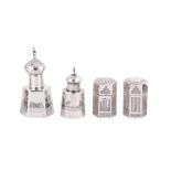 A PERSIAN ENGRAVED SILVER AND AN IRAQI SILVER AND NIELLO FOUR-PIECE CRUET SET