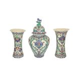 A BFK IZNIK-STYLE THREE-PIECE PORCELAIN MANTEL GARNITURE SET Attributable to Charles Catteau, Boch F