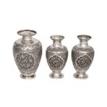 THREE IRANIAN ENGRAVED SILVER MINIATURE POSY VASES Isfahan, Iran, circa 1940 - 1950