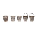 FIVE IRANIAN ENGRAVED SILVER BEAKERS Isfahan, Iran, circa 1950, stamped Hussain Parvaresh