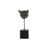 A CONTEMPORARY BRONZE HEAD OF A CAT ON A STAND