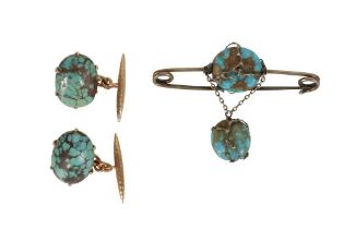 A PAIR OF TURQUOISE CUFFLINKS TOGETHER WITH A PIN