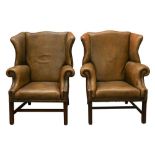 PAIR OF GREEN LEATHER WING BACK ARMCHAIRS 19TH CENTURY