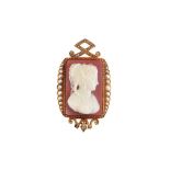 A CARNELIAN CAMEO, DIAMOND AND PEARL BROOCH