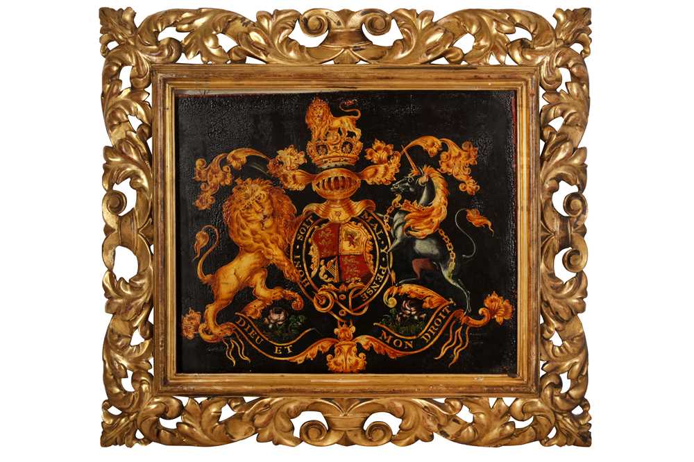 AN EARLY 19TH CENTURY ROYAL COAT OF ARMS COACHING PANEL ARMS OF UNITED KINGDOM OF GREAT BRITAIN AND