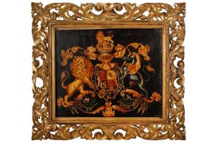 AN EARLY 19TH CENTURY ROYAL COAT OF ARMS COACHING PANEL ARMS OF UNITED KINGDOM OF GREAT BRITAIN AND