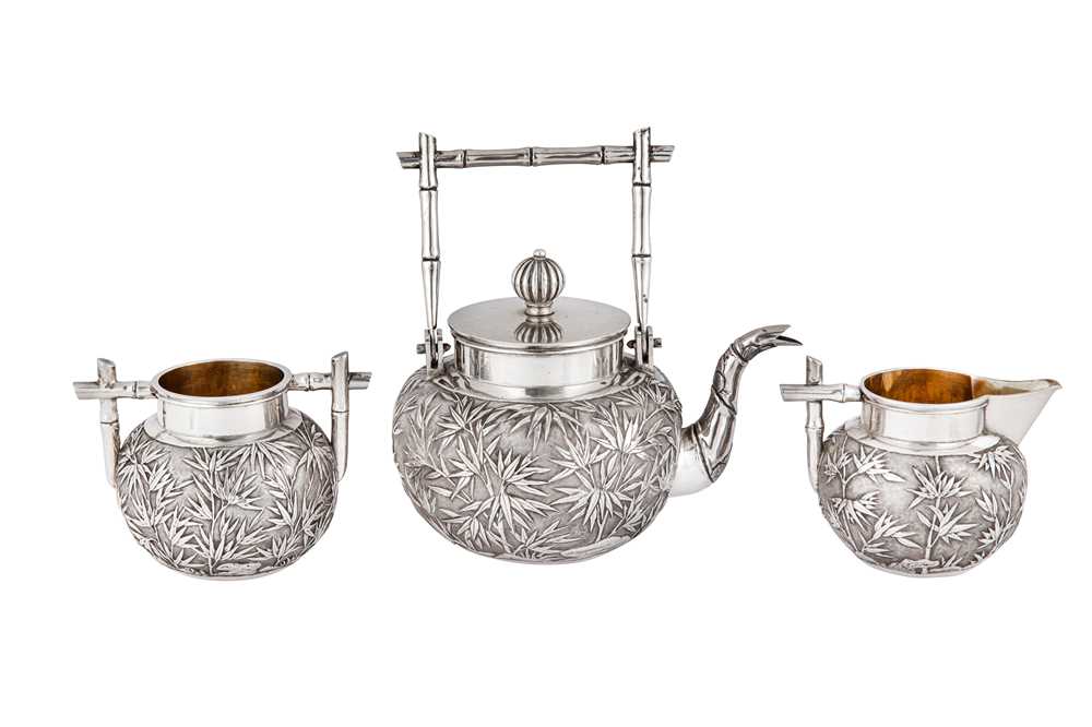 An early 20th century Chinese Export silver three-piece bachelor tea set, Canton circa 1900 retailed