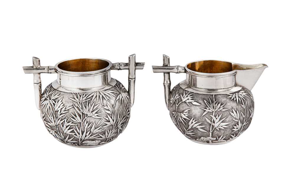 An early 20th century Chinese Export silver three-piece bachelor tea set, Canton circa 1900 retailed - Image 3 of 5