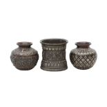 A TANJORE SILVER-INLAID COPPER VASE AND TWO LOTAS Thanjavur (Tanjore), Tamil Nadu, Southern India, l