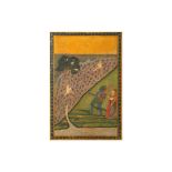 A LOOSE ILLUSTRATION FROM A RAGAMALA SERIES: A FOREST-DWELLER CATCHING PEACOCKS Bundi, Rajasthan, No