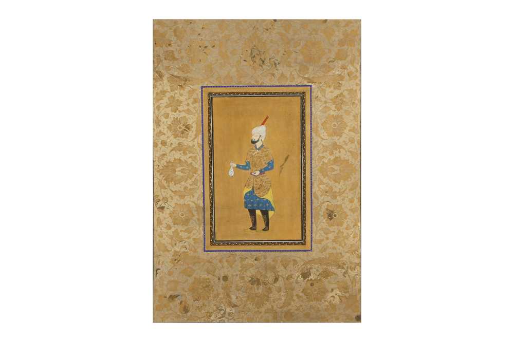 AN ILLUMINATED ALBUM PAGE WITH AN ARCHAISTIC PORTRAIT OF A SAFAVID NOBLEMAN Qajar Iran, late 19th -