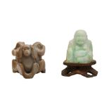 CARVED STONE THREE WISE MONKEYS AND JADE BUDDHA