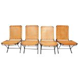 A SET OF FOUR TAN LEATHER AND METAL FOLDING CHAIRS, MID 20TH CENTURY