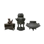 THREE JAPANESE BRONZE INCENSE BURNERS AND TWO COVERS