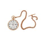 POCKET WATCH, THOMAS RUSSELL & SON. 9K GOLD OPEN-FACE POCKET WATCH WITH CHAIN.