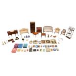 A COLLECTION OF DOLLS HOUSE READING ROOM FURNITURE, FURNISHINGS & MINIATURES