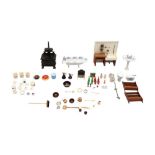 A COLLECTION OF DOLLS HOUSE BATHROOM & KIITCHEN FURNITURE, FURNISHINGS & MINIATURES