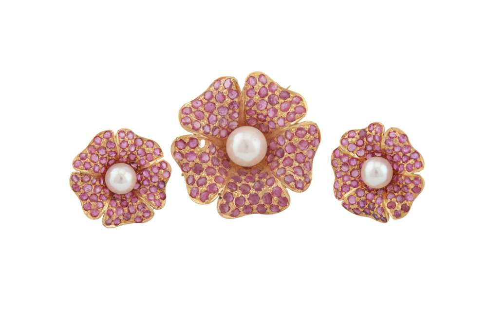 A PEARL AND RUBY BROOCH AND EARRING SUITE
