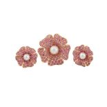 A PEARL AND RUBY BROOCH AND EARRING SUITE