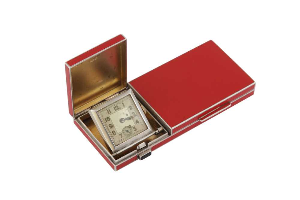 AN EARLY 20TH CENTURY FRENCH SILVER AND LACQUER COMBINATION COMPACT AND WATCH, IMPORT MARKS FOR LOND - Image 2 of 4