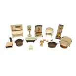 A COLLECTION OF TIN AND ENAMEL DOLLS HOUSE BATHROOM FURNITURE