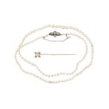 A PEARL NECKLACE WITH A DIAMOND CLASP AND STICKPIN